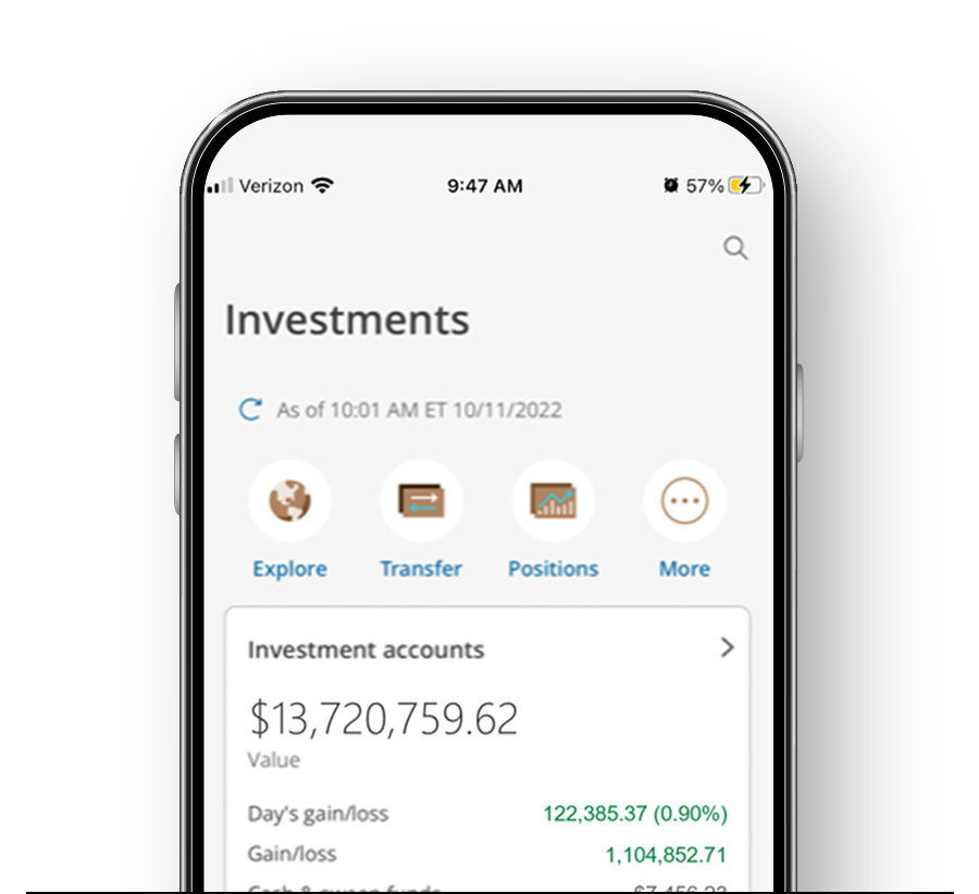 Investments overview screen of the J.P. Morgan Mobile app on a mobile device mockup, showing example account balances, gains, and loss figures.