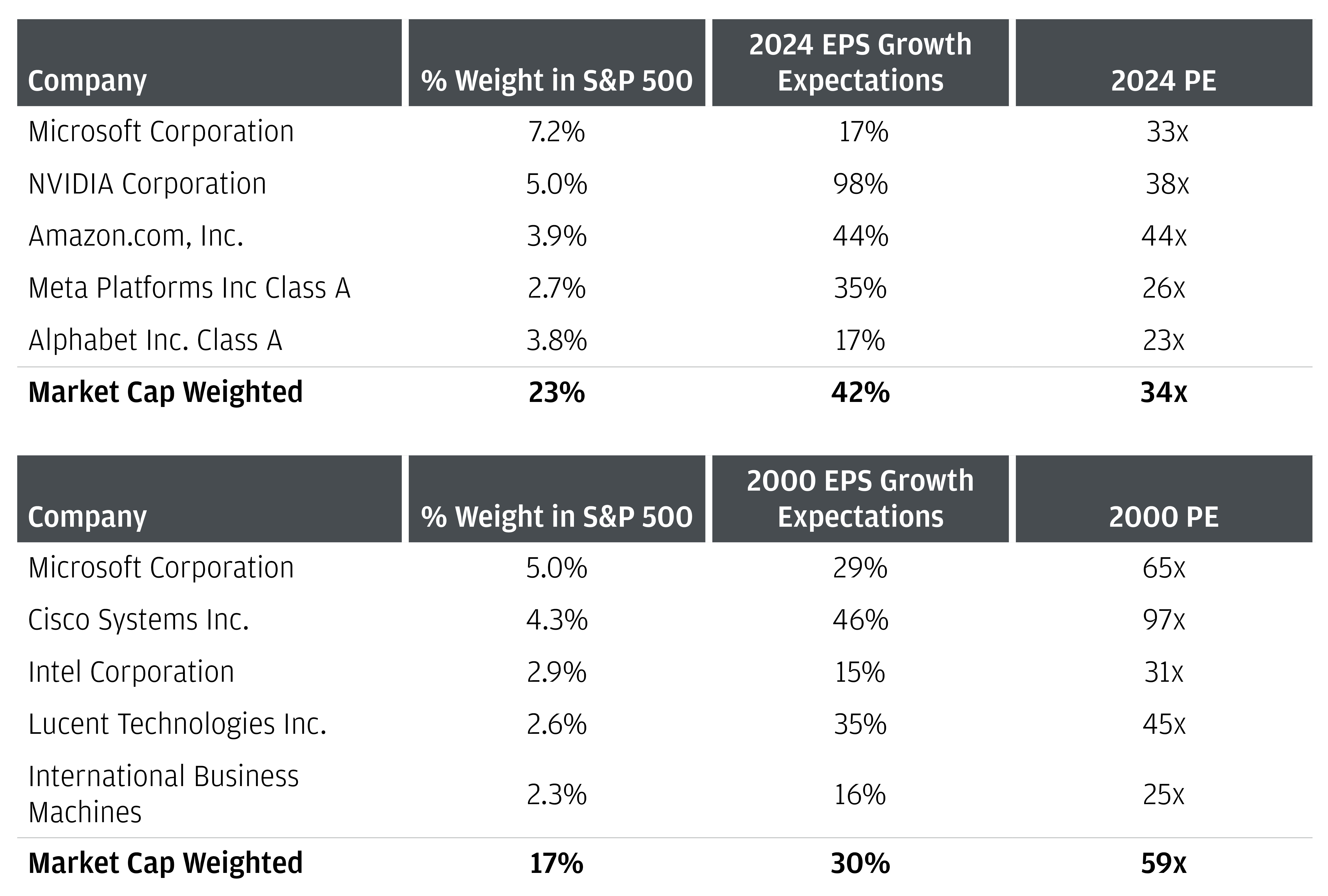 This table compares earnings growth and P/E ratios for leading tech stocks in 2000 and 2024.