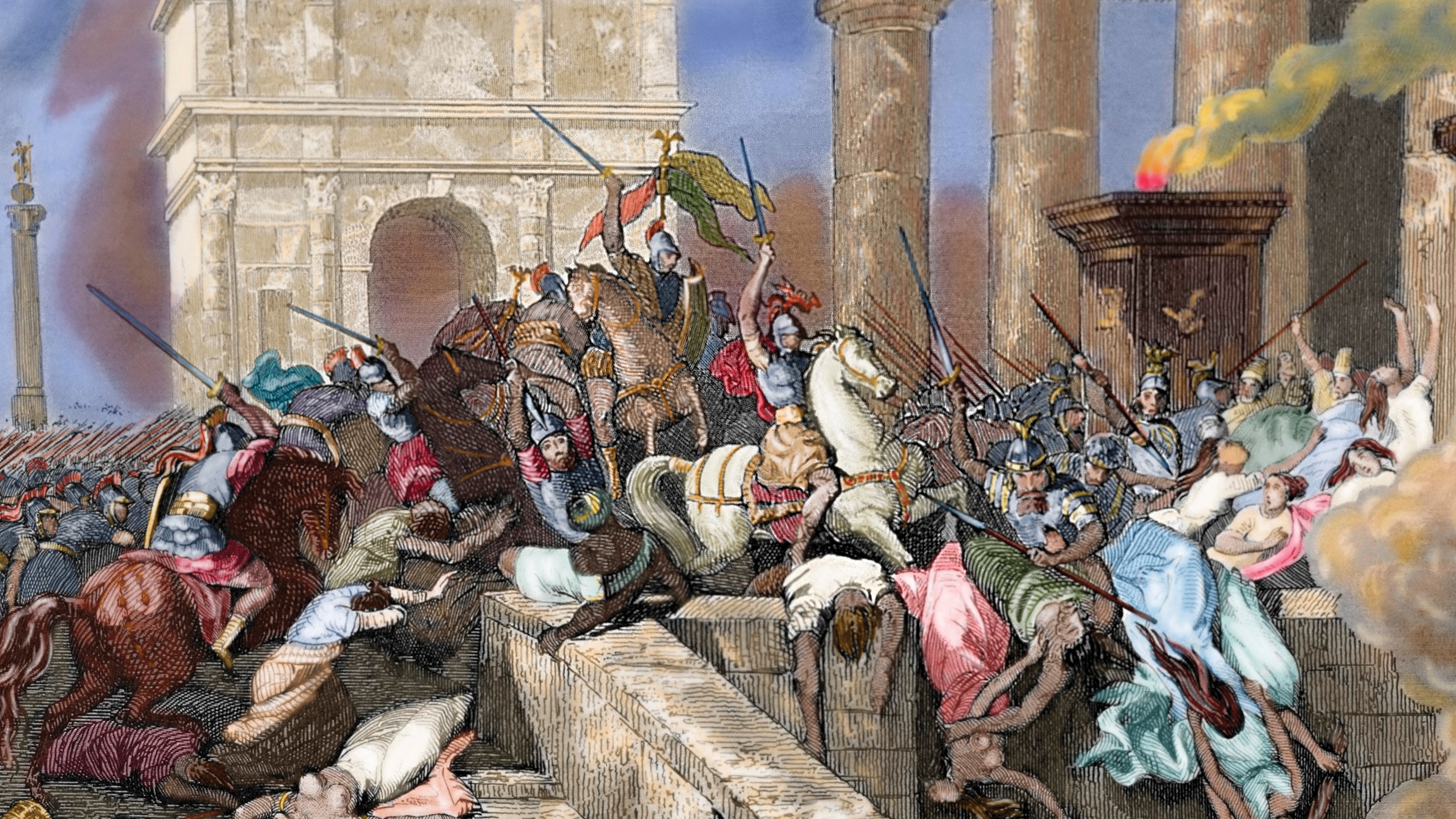 Что происходило в древнем риме. Взятие Рима готами 410. Падение Западной римской империи (476 г. н.э.). 410 Г разграбление Рима готами Алариха. Разграбление Рима 1527 картина.