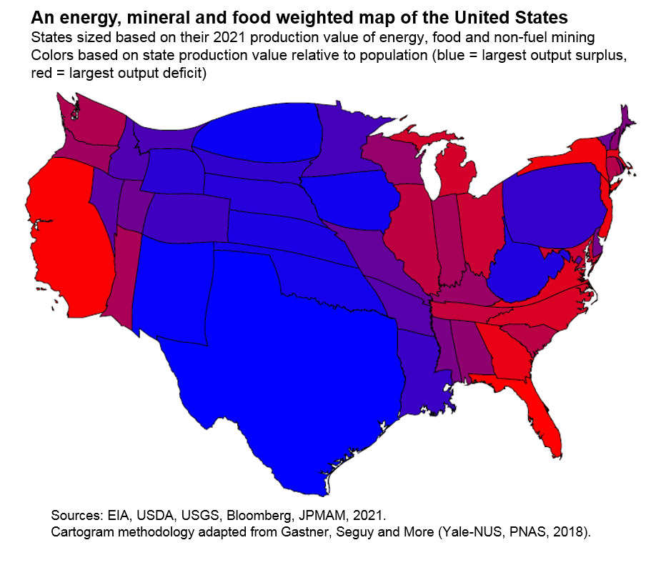 An enrgy, mineral and food weighted map of the United States