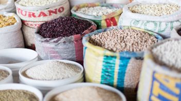 A market with a variety of spices displayed in large bags.