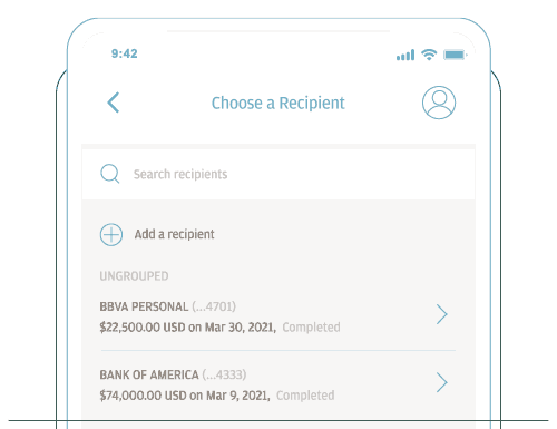 An animation showing how you can wire funds to a selected recipient on your mobile device via J.P. Morgan Online.