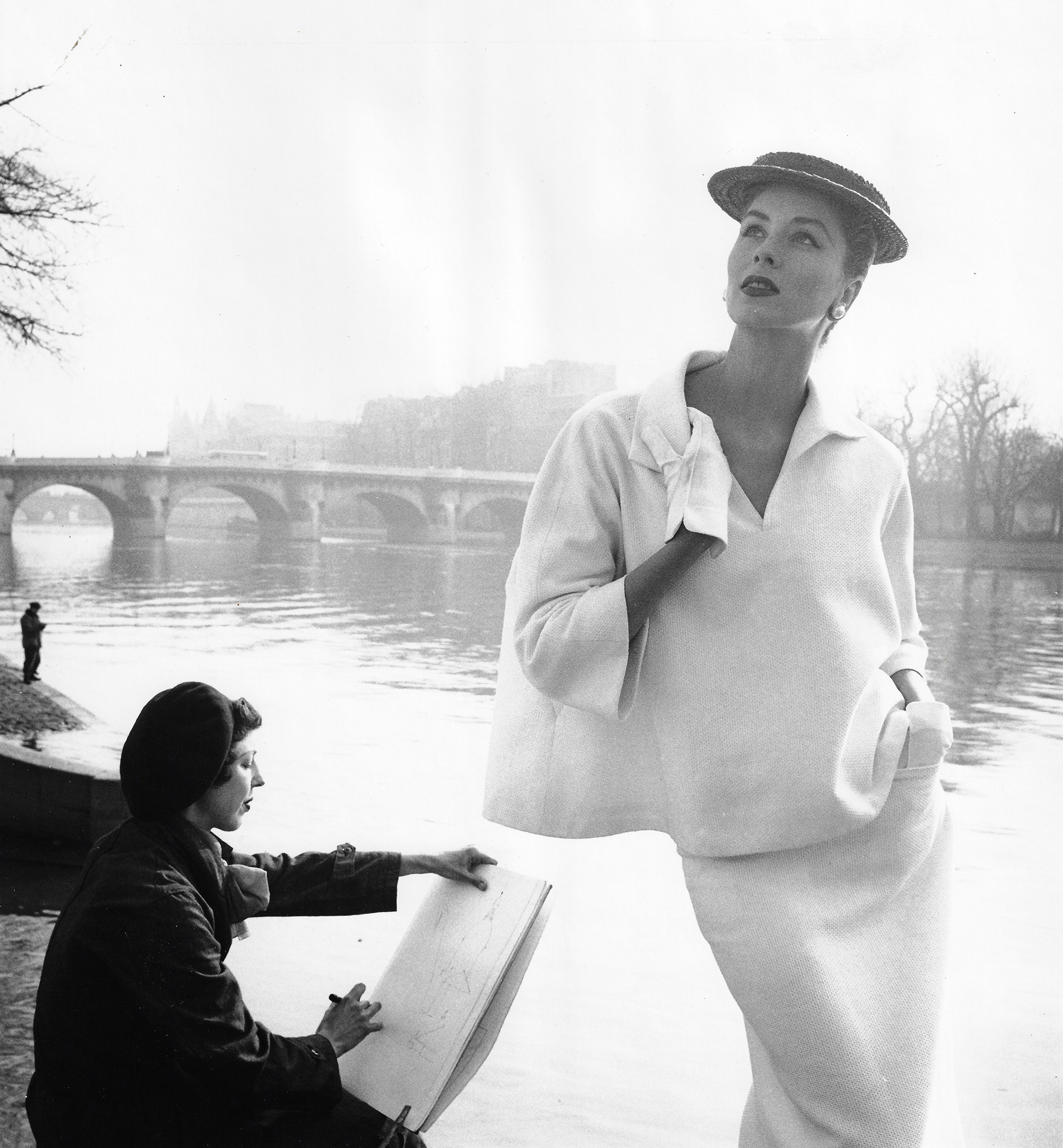 Suzy Parker in Balenciaga along the Sein, Paris, 1953