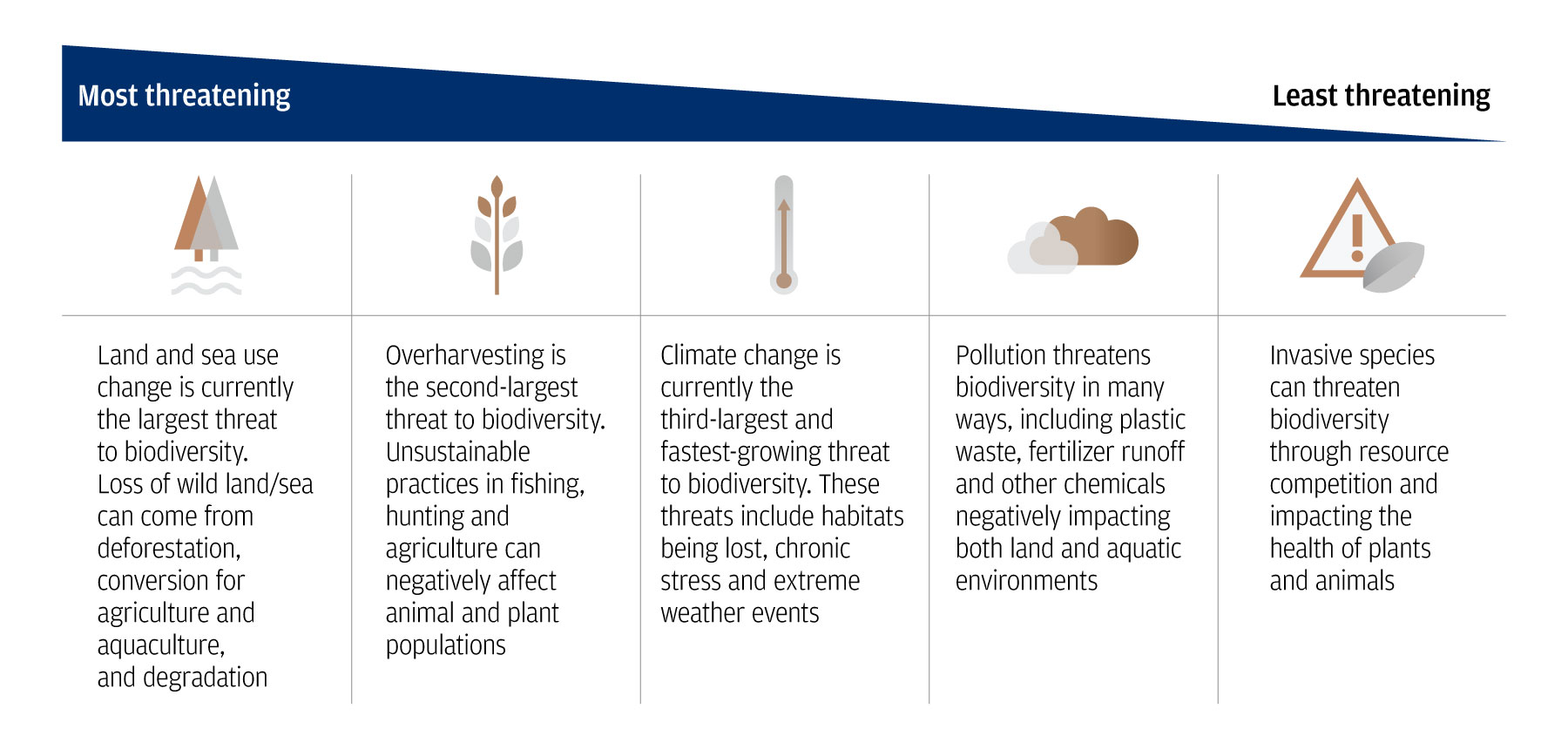 Five main threats to biodiversity are land and sea use change, overharvesting, climate change, pollution and invasive species.