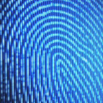 A pixilated, digitized photo of a fingerprint, rendered in shades of blue.