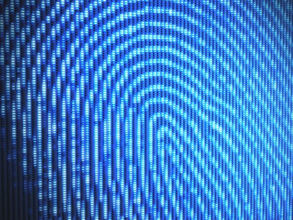 A pixilated, digitized photo of a fingerprint, rendered in shades of blue.
