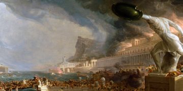 “The Course of Empire–Destruction” by Thomas Cole. A classical painting showing the destruction of an ancient empire.