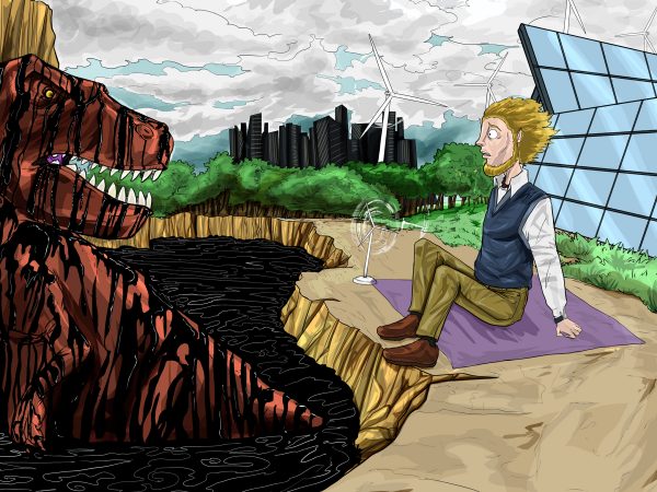 A cartoon drawing of a T-Rex emerging from a lake of oil, next to which a man is sitting on the banks with solar panels, wind turbines and a distant city in the background. The man is staring at the dinosaur with a stunned expression on his face. This depiction represents 'absent decarbonization shock treatment' where humans will be reliant upon petroleum and other fossil fuels for longer than anticipated.