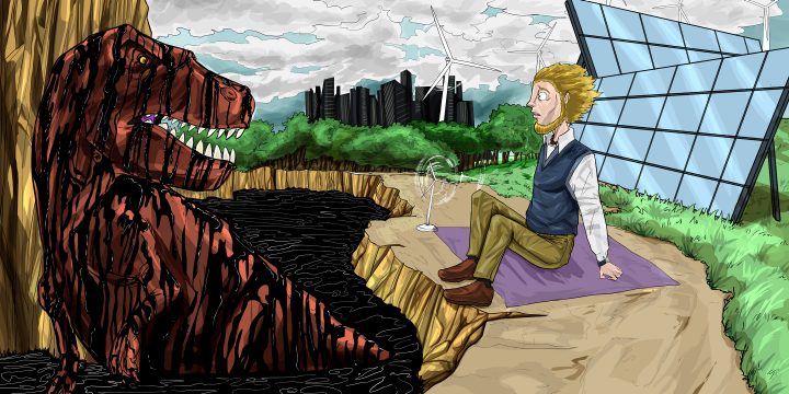 A cartoon drawing of a T-Rex emerging from a lake of oil, next to which a man is sitting on the banks with solar panels, wind turbines and a distant city in the background. The man is staring at the dinosaur with a stunned expression on his face. This depiction represents 'absent decarbonization shock treatment' where humans will be reliant upon petroleum and other fossil fuels for longer than anticipated.