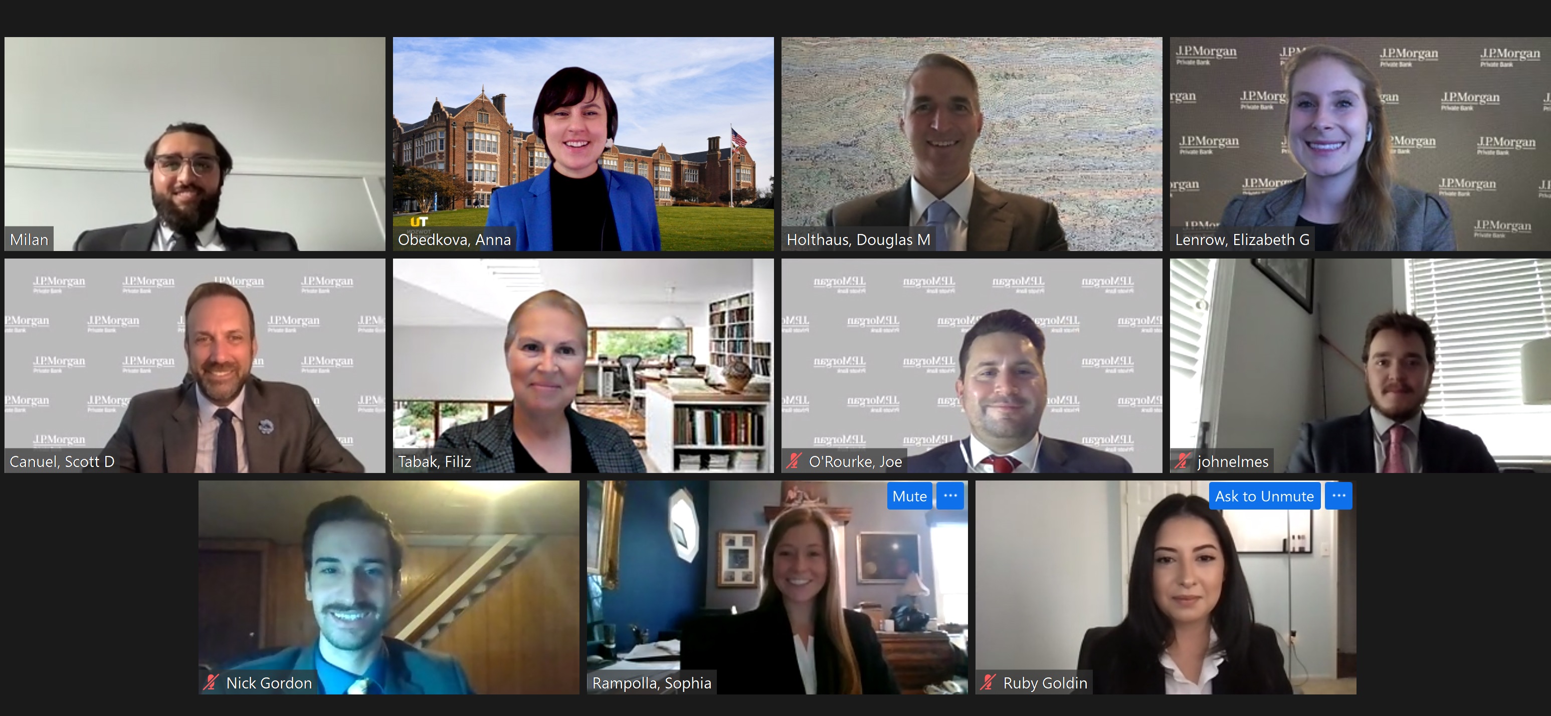 Image of several people from J.P. Morgan and Towson University on a Zoom call.
